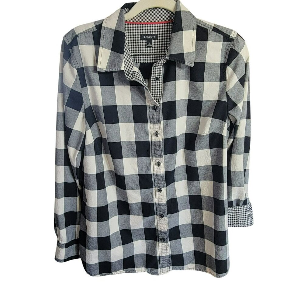 Talbots Shirt, Women M, Black & White Buffalo Print, Flip Cuff, Cotton, EUC